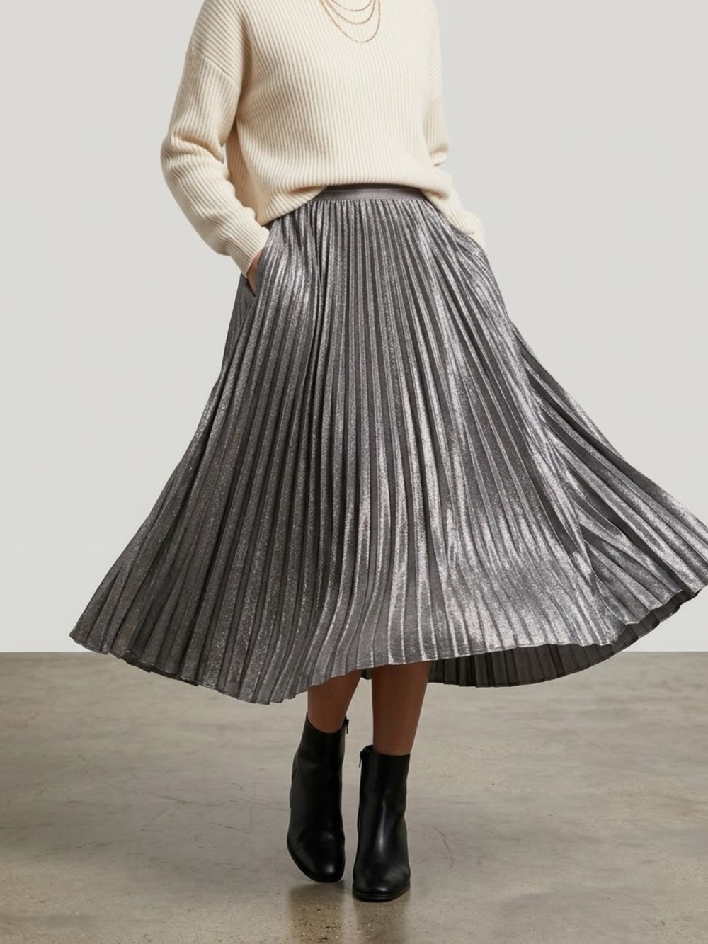 aerie Metallic Pleated Midi Skirt in Silver
